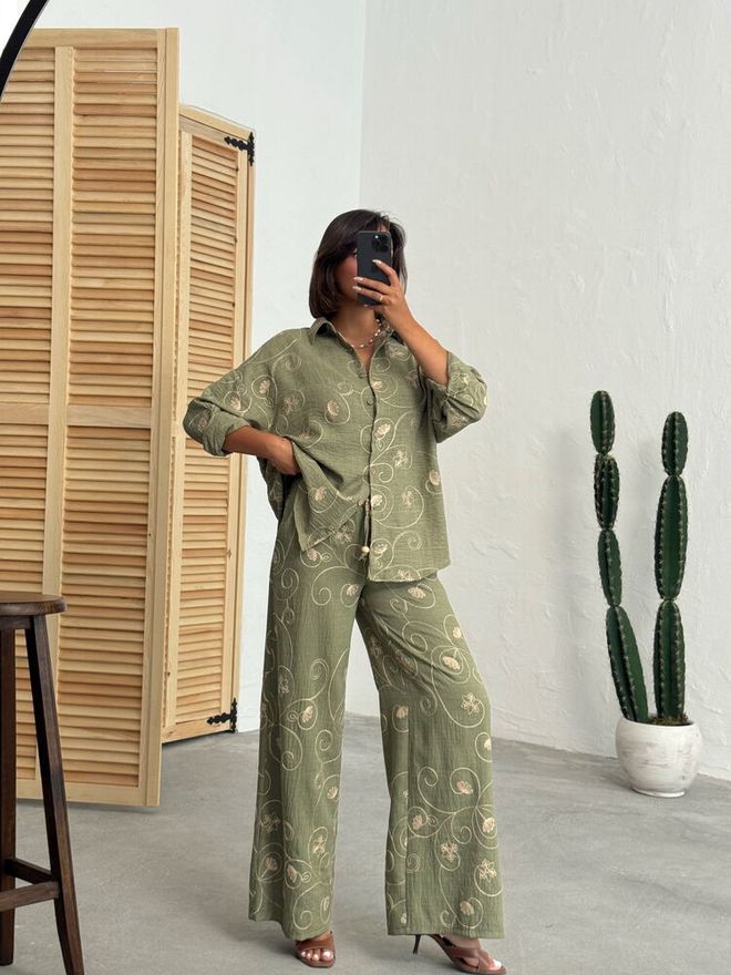 Topshow Green Elegant Floral Palazzo Wholesale Clothing 1