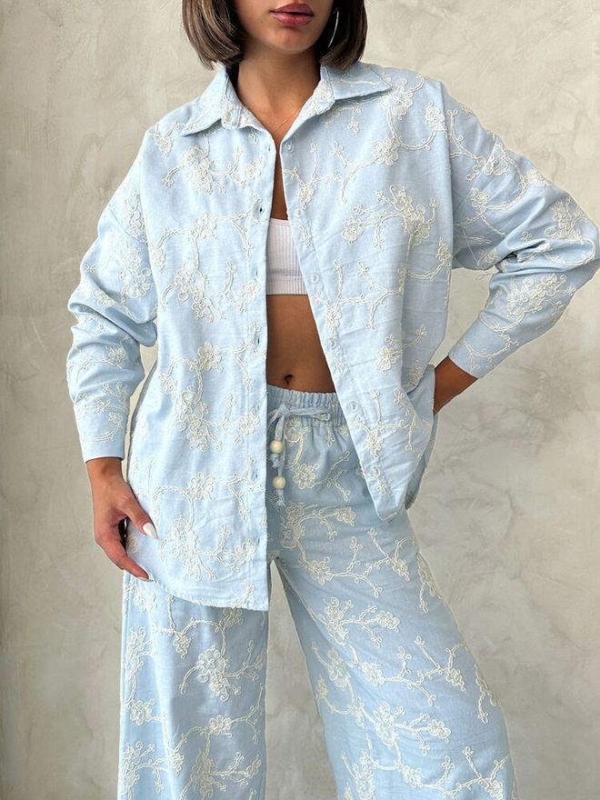 Topshow Синя Флорална Флорална Риза Дрехи на едро Пролет