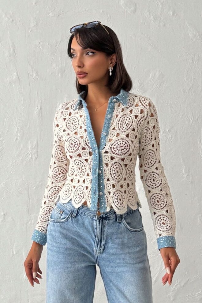 Topshow Λευκή Μπλούζα Boho Slim Fit Με Λαιμόκοψη Πόλο Χονδρικό εμπόριο ενδυμάτων Casual