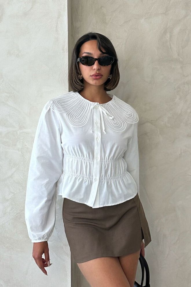 Topshow Blusa Blanca Casual Elegante Vintage Ropa al por mayor Modesto