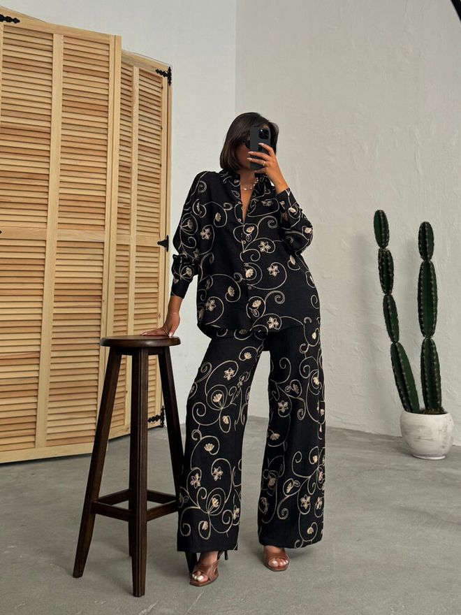 Topshow Black Floral Oversized Shirt Wholesale Clothing Boho