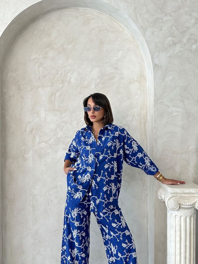 Topshow Синя Флорална Ежедневна Елегантна Риза Дрехи на едро 1