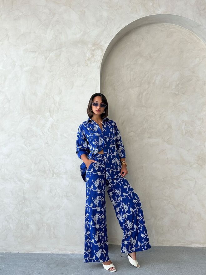 Topshow Синя Флорална Ежедневна Елегантна Риза Дрехи на едро Свободно време