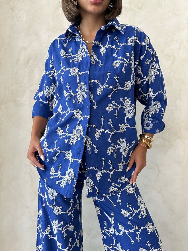 Topshow Синя Флорална Ежедневна Елегантна Риза Дрехи на едро Пролет