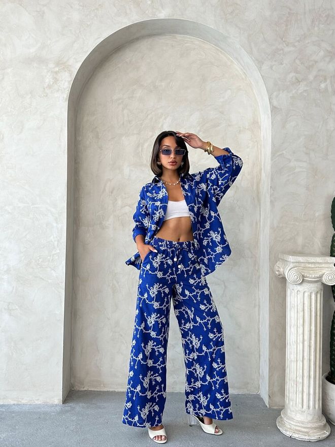 Topshow Blue Floral Palazzo Set With Slant Pocket Wholesale Clothing 1