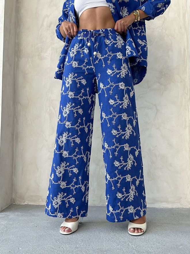 Topshow Blue Floral Palazzo Set With Slant Pocket Wholesale Clothing Spring