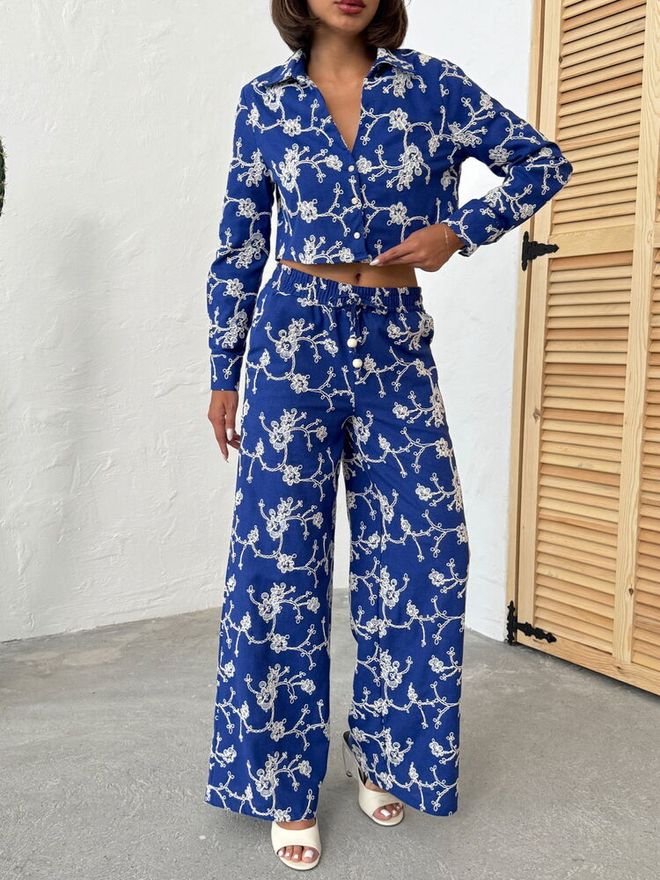 Topshow Blue Floral Palazzo Set With Slant Pocket Wholesale Clothing Lounge