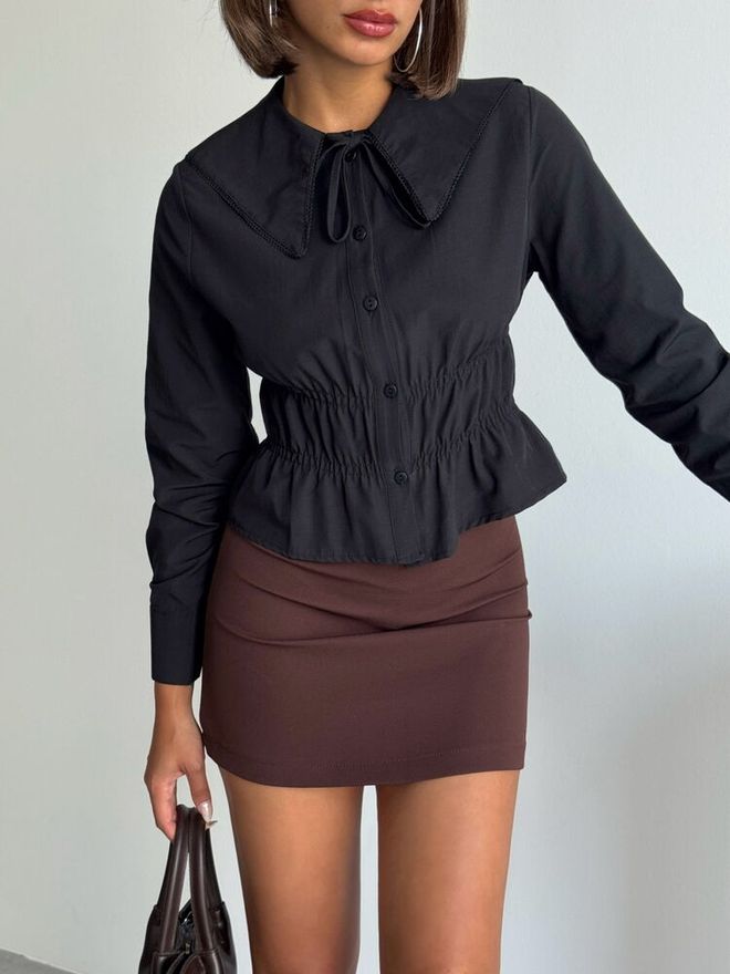 Topshow Siyah Zarif Resmi Gündelik Kolej Bluz Toptan Giyim Bahar