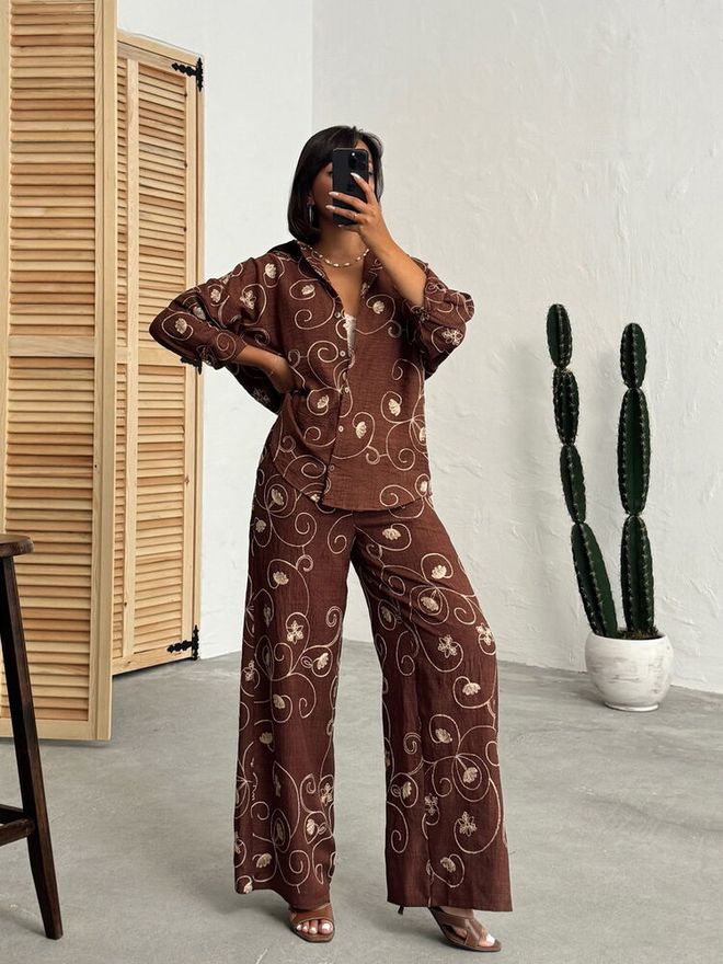 Topshow Brown Floral Buttoned Palazzo Wholesale Clothing Lounge