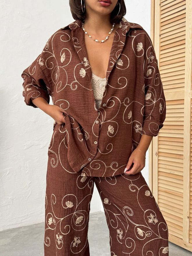 Topshow Brown Floral Buttoned Palazzo Wholesale Clothing Spring