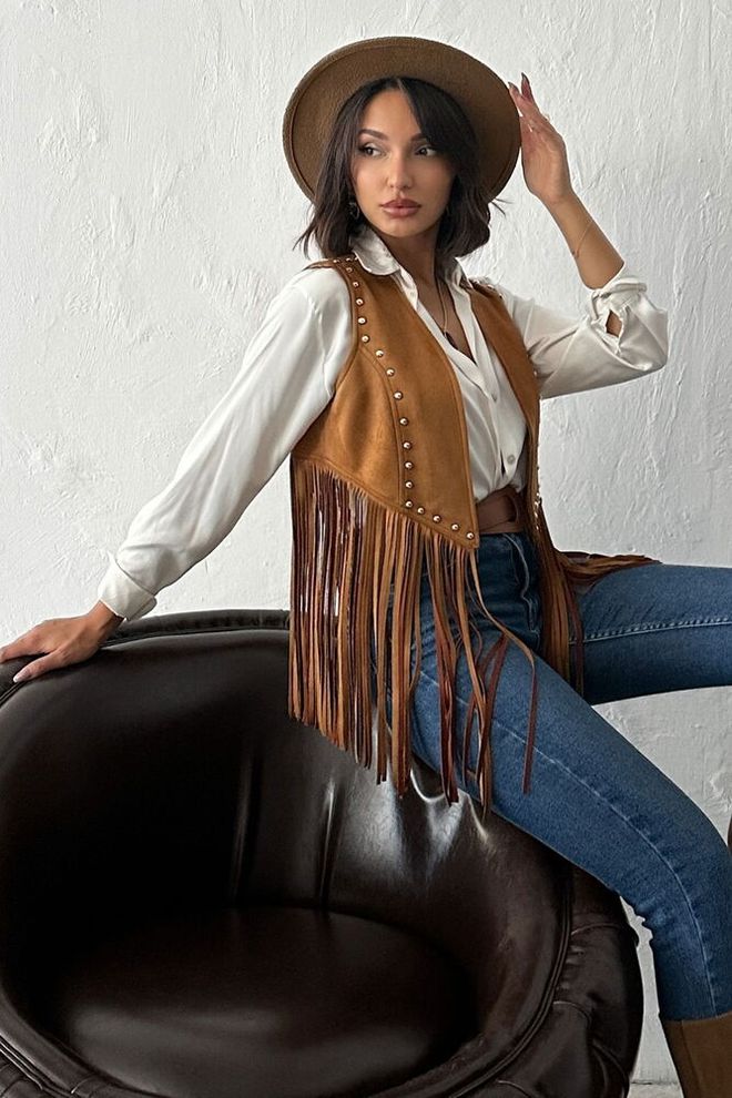 Topshow Καφέ Western Casual Boho Αμάνικο Μπλουζάκι Χονδρικό εμπόριο ενδυμάτων Casual