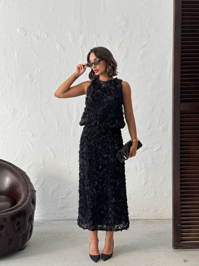 Topshow Black Elegant Flared Midi Skirt High Waist Wholesale Clothing Cocktail