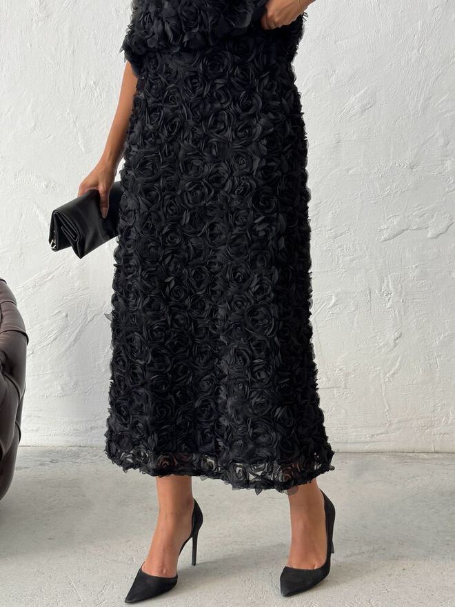 Topshow Black Elegant Flared Midi Skirt High Waist Wholesale Clothing Spring