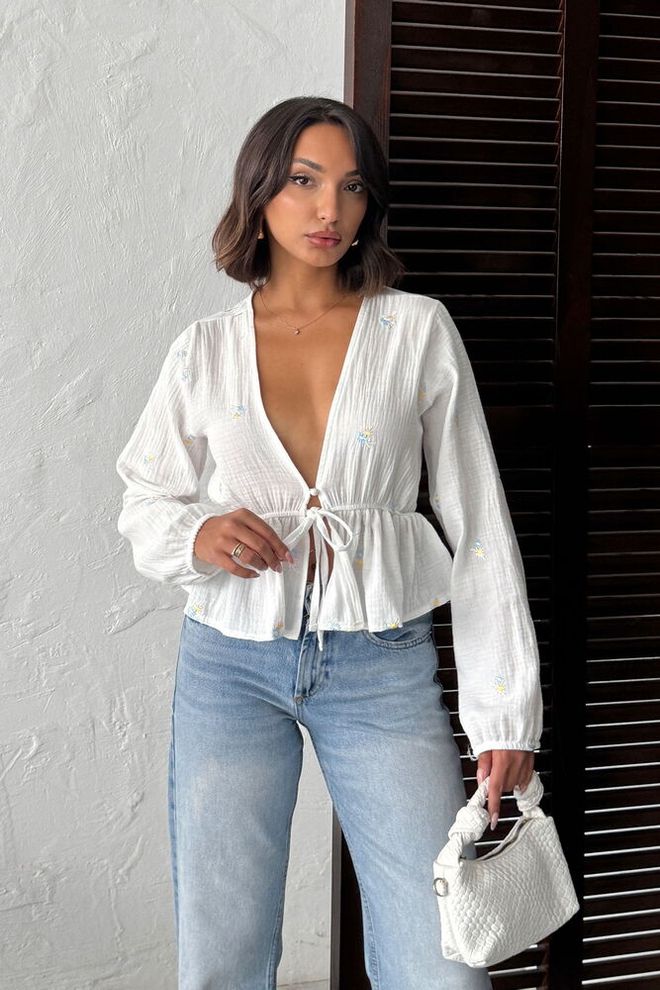 Topshow White Floral Blouse With Plunging Neck Wholesale Clothing Casual