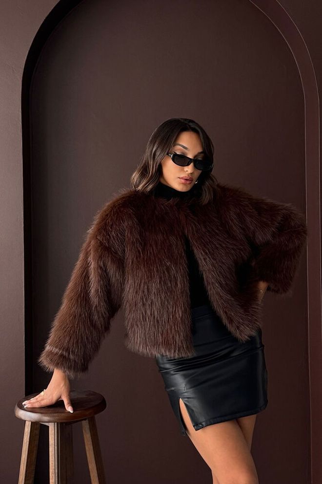 Topshow Brown Glam Elegant Fur Jacket Wholesale Clothing Casual