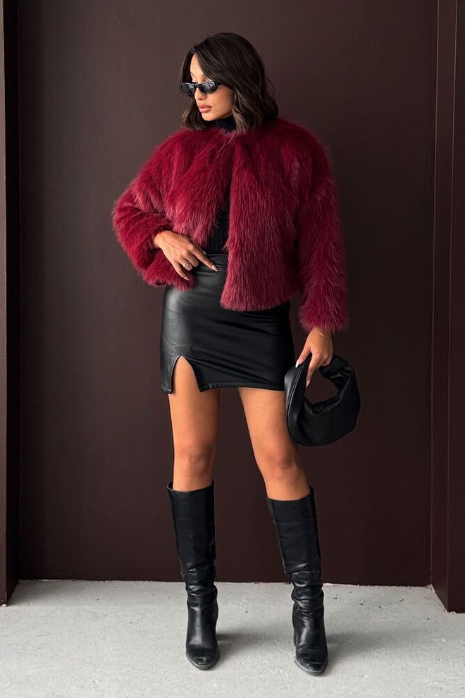 Topshow Claret Red Fur Jacket Wholesale Clothing Casual