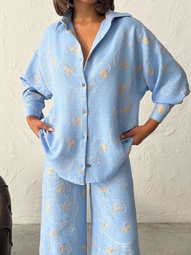 Topshow Blue Floral Oversized Fit Shirt With Notched Neck Wholesale Clothing Spring