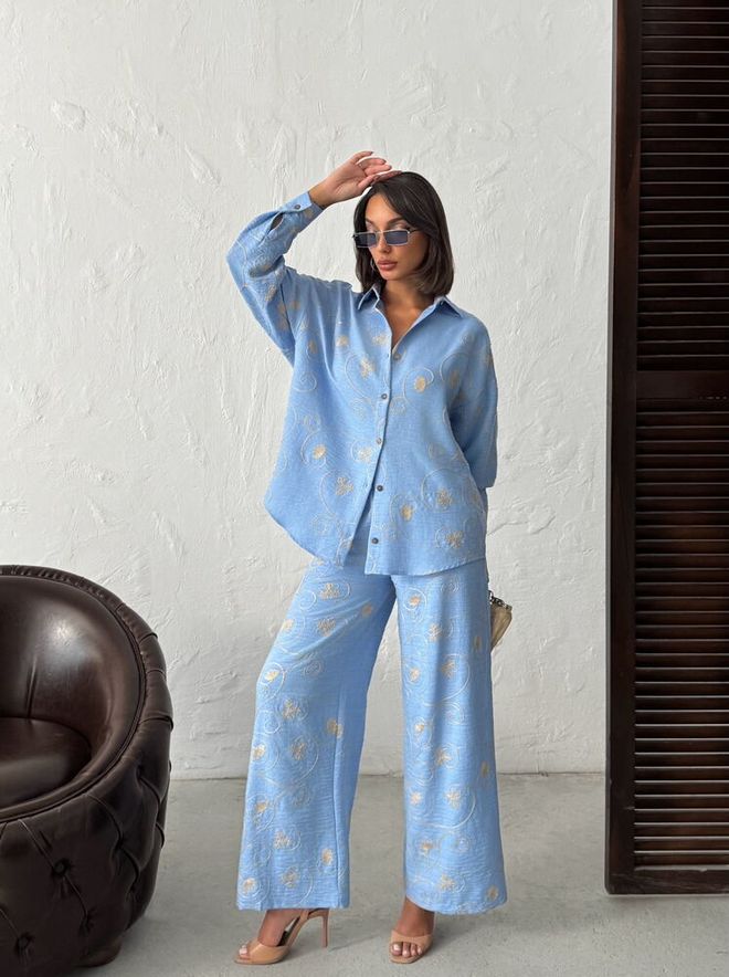 Topshow Blue Floral Oversized Fit Shirt With Notched Neck Wholesale Clothing 1