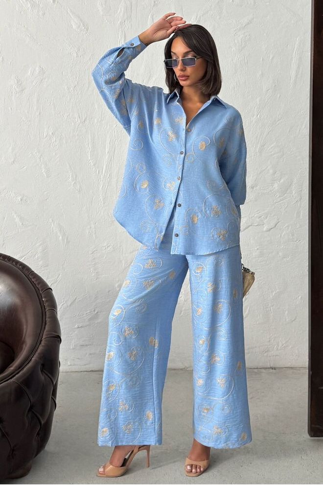 Topshow Blue Floral Oversized Fit Shirt With Notched Neck Wholesale Clothing Work