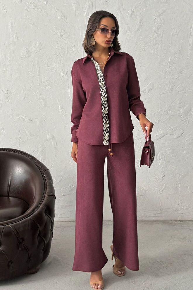 Topshow Bordeauxrote Palazzo Hose Mit Weitem Bein Und Mittlerer Taille Großhandelskleidung Modest