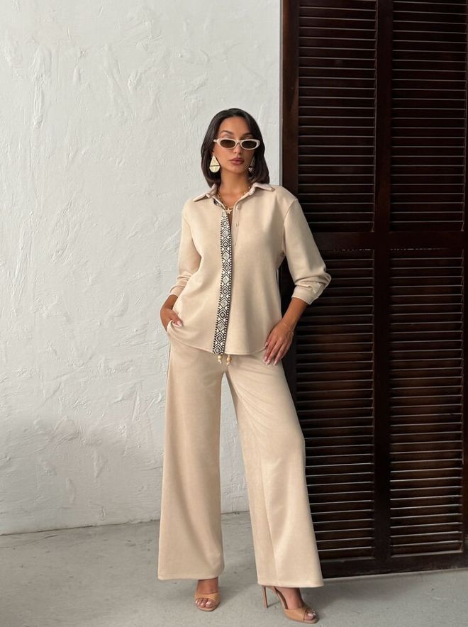 Topshow Beige Palazzo Pants With Drawstring And Slant Pockets Wholesale Clothing Lounge