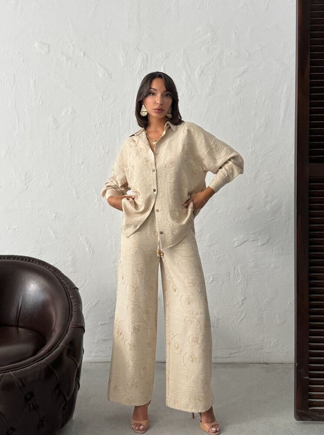 Topshow Beige Palazzo Pants With Drawstring Closure Wholesale Clothing 1