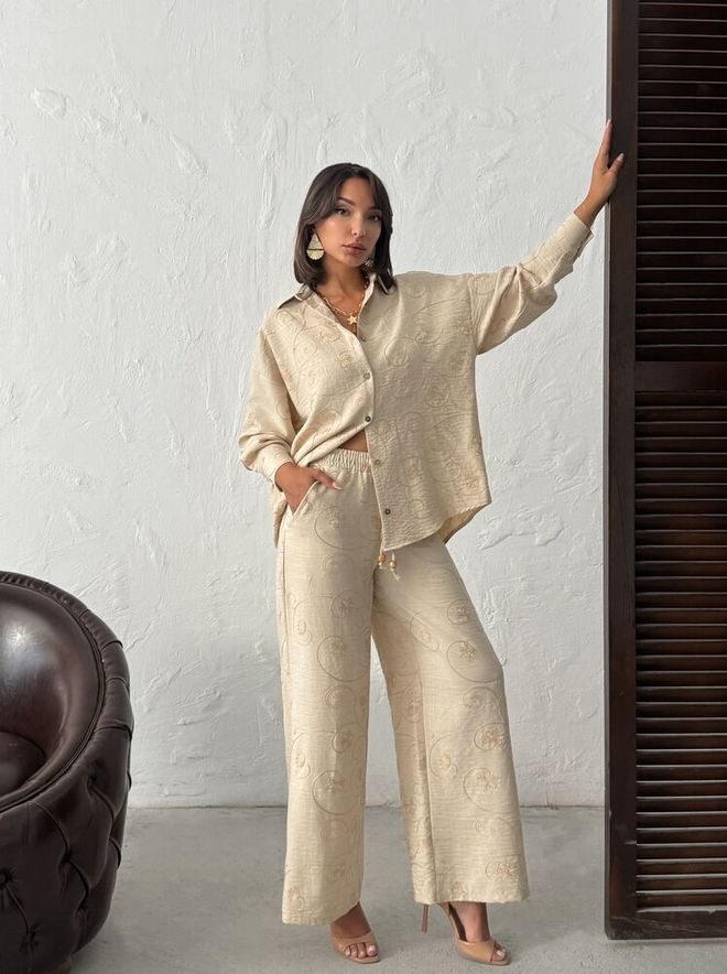 Topshow Beige Palazzo Pants With Drawstring Closure Wholesale Clothing Lounge