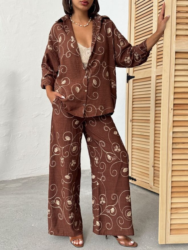 Topshow Brown Ethnic Buttoned Palazzo Pants Wholesale Clothing Lounge