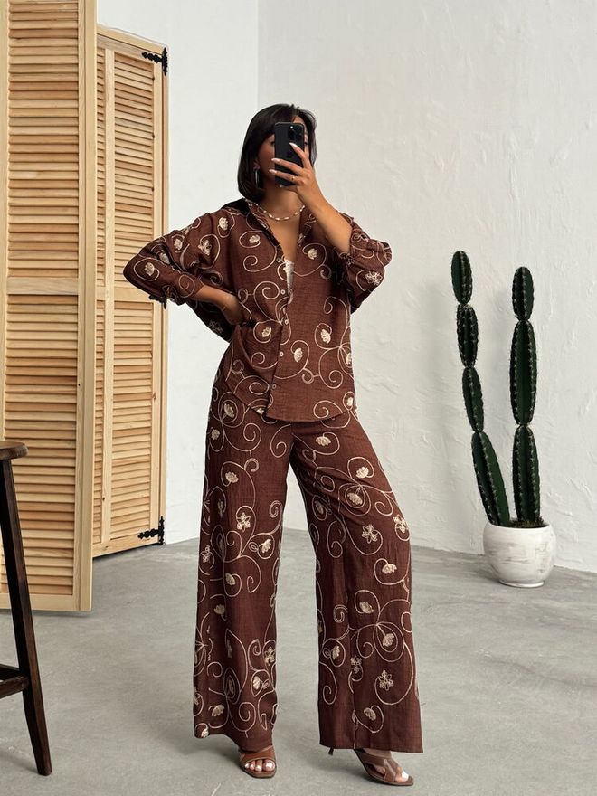 Topshow Brown Ethnic Buttoned Palazzo Pants Wholesale Clothing 1