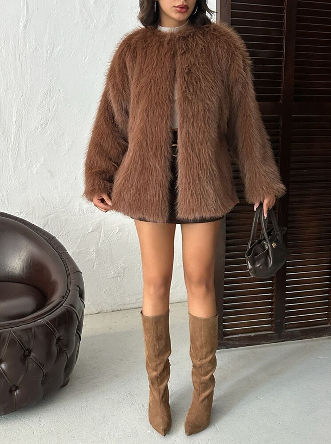 Topshow Brown Glam Elegant Vintage Fur Jacket Wholesale Clothing Fall