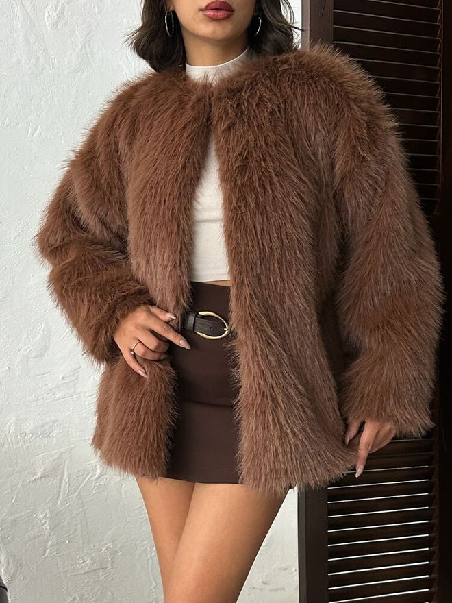 Topshow Brown Glam Elegant Vintage Fur Jacket Wholesale Clothing Work