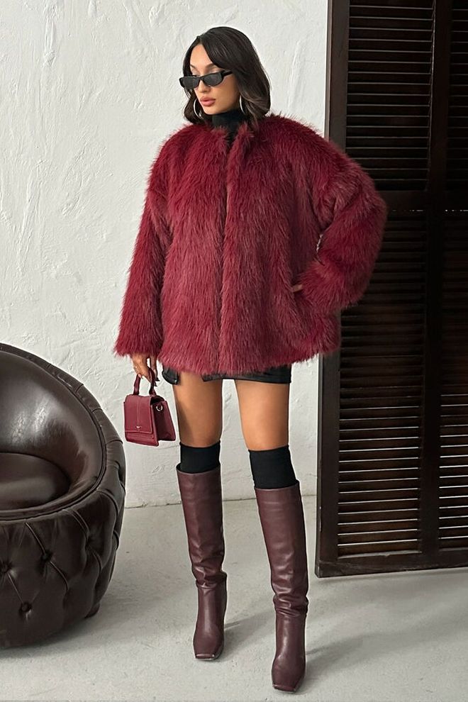 Topshow Geacă Blană Roșu Bordo Croială Supradimensionată Glam Îmbrăcăminte cu ridicata Casual