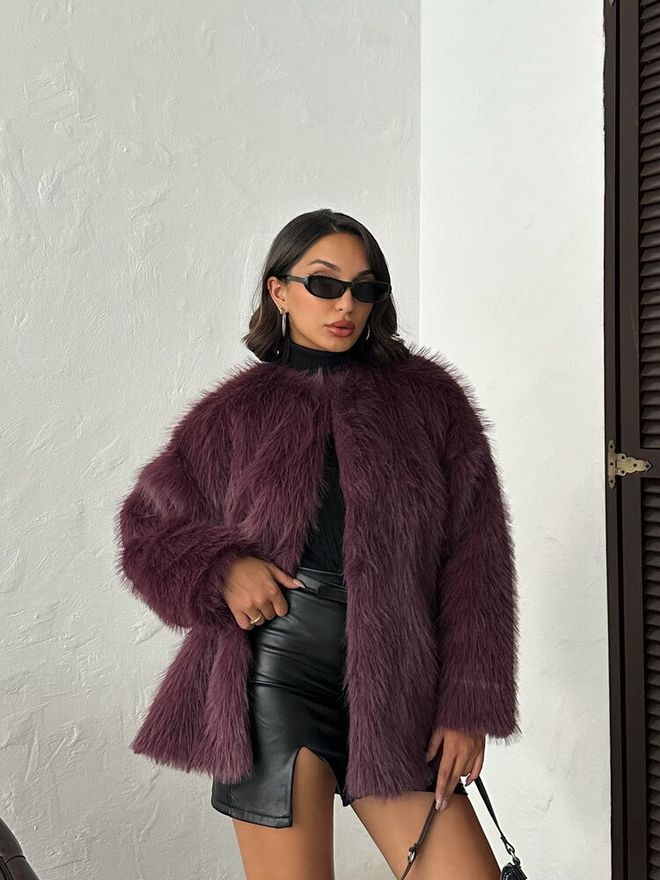 Topshow Claret Red Fur Oversized Glam Jacket Wholesale Clothing 1