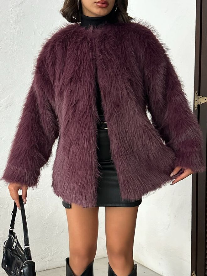 Topshow Claret Red Fur Oversized Glam Jacket Wholesale Clothing Birthday
