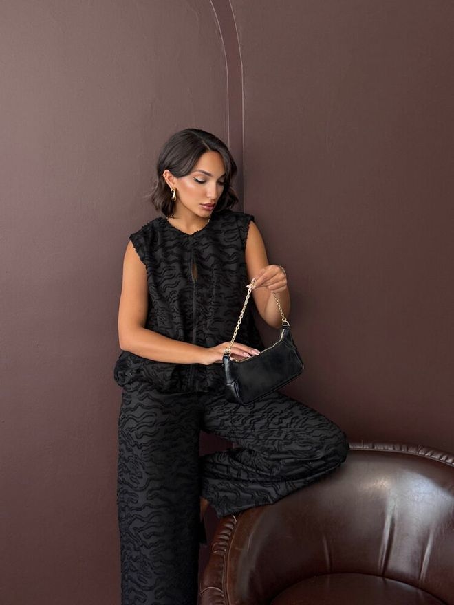 Topshow بنطال بالازو أسود أنيق بريق كاجوال ملابس بالجملة عمل