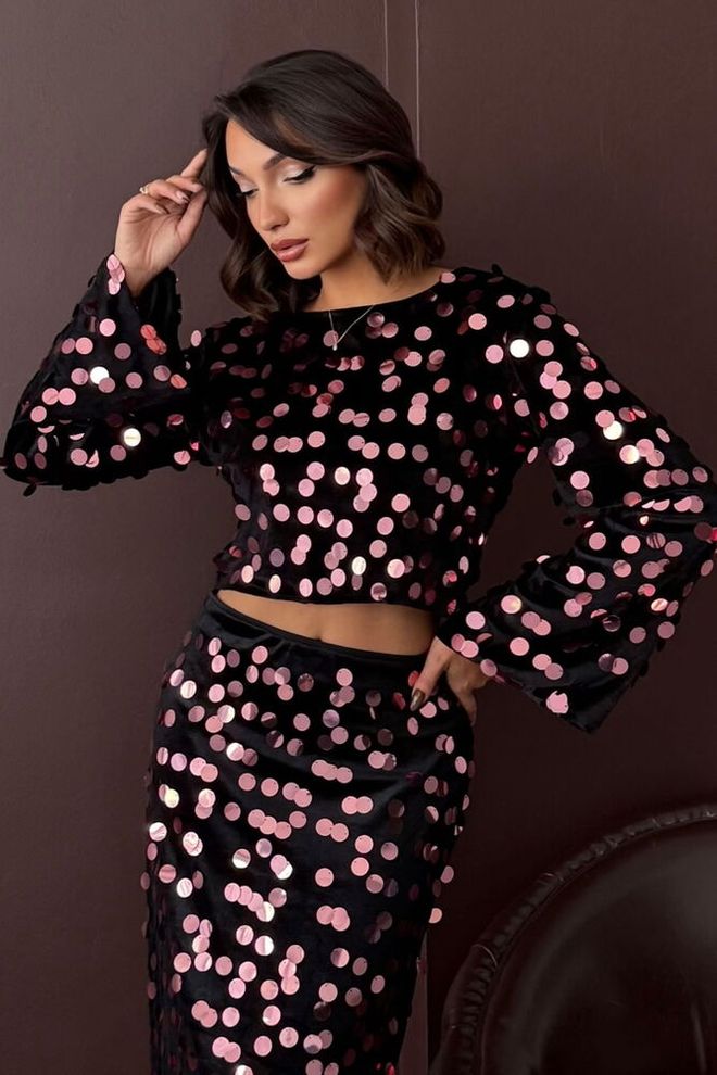 Topshow Siyah Işıltılı Puantiye Desenli Crop Bluz Toptan Giyim Seksi