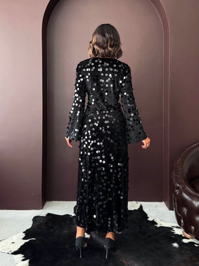 Topshow Črna Glam Eleganten Formalno Polka Dot Svinčnik Maxi Visok Pas Oblačila na debelo Glam