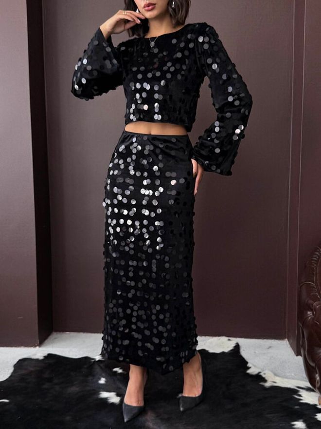 Topshow Črna Glam Eleganten Formalno Polka Dot Svinčnik Maxi Visok Pas Oblačila na debelo Pomlad