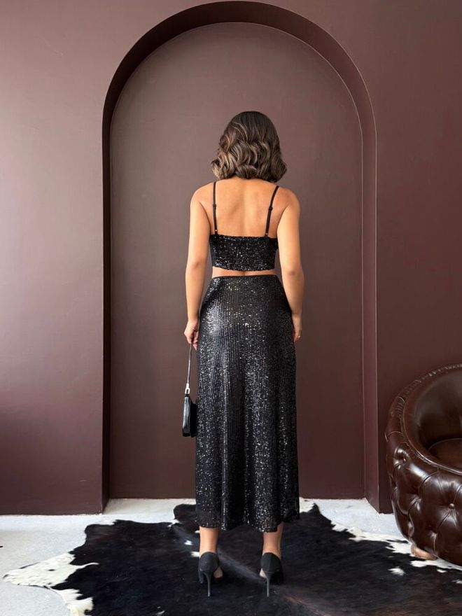 Topshow جيبة أسود مطرزة جنسي بريق ماكسي طويلة بخصر مرتفع ملابس بالجملة رَسمِيّ