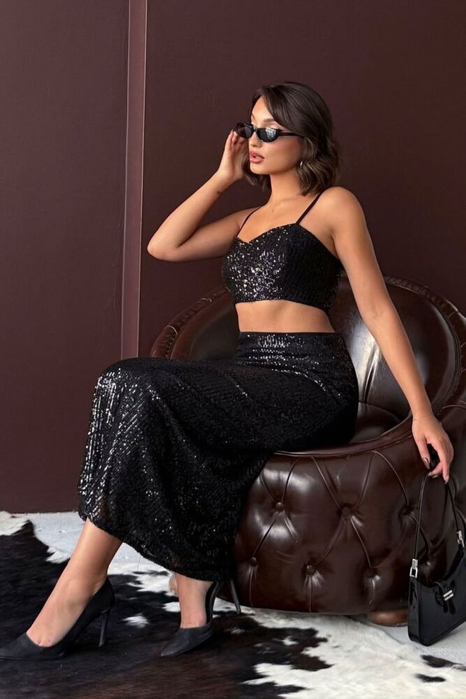 Topshow Juodas Blizgučiai Ilgas Sijonas Aukštu Liemeniu Elegantiška Vakarinė Suknelė Combo Didmeninė prekyba drabužiais 0