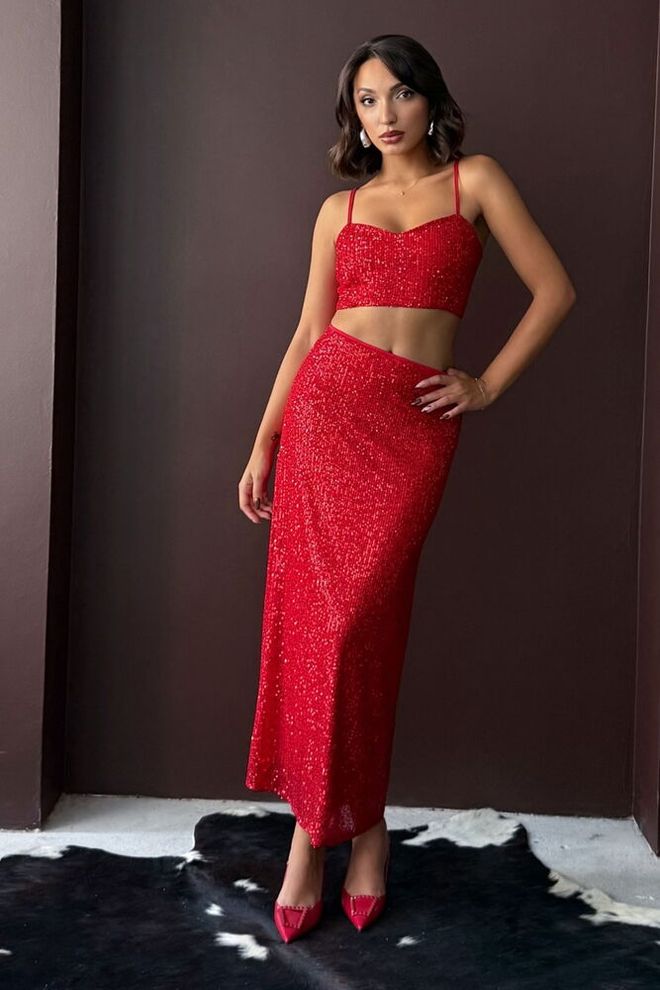 Topshow Raudonas Maksi Bodycon Sijonas Su Aukštu Liemeniu Ir Blizgučiais Didmeninė prekyba drabužiais Čiuožėjos