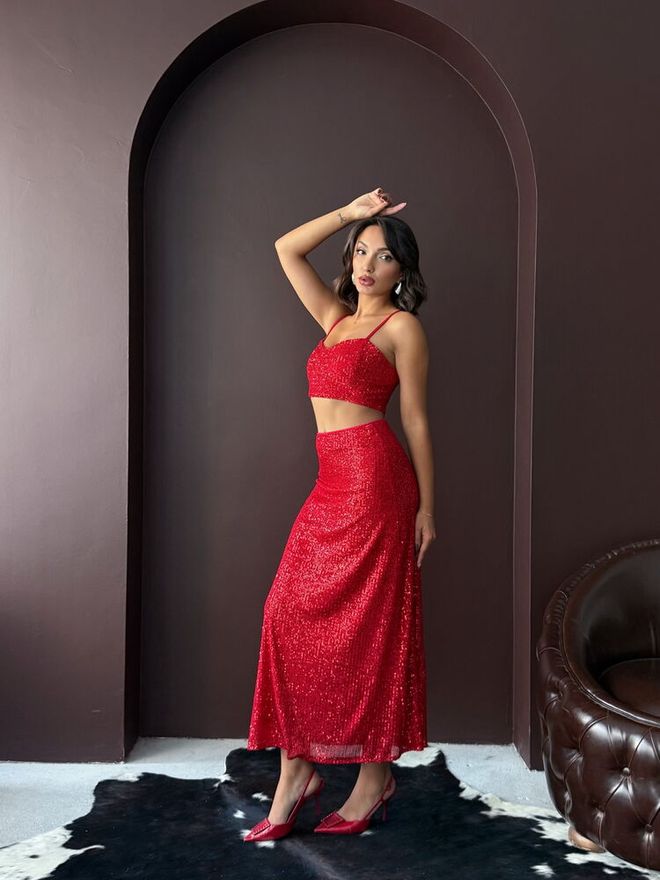 Topshow جيبة حمراء ماكسي عالية الخصر مطرزة ملابس بالجملة 1