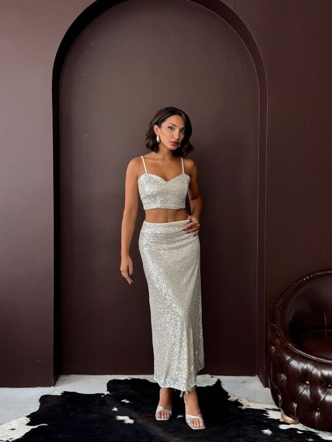Topshow جيبة فضة بريق ينزلق ماكسي منتصف الخصر ملابس بالجملة كوكتيل