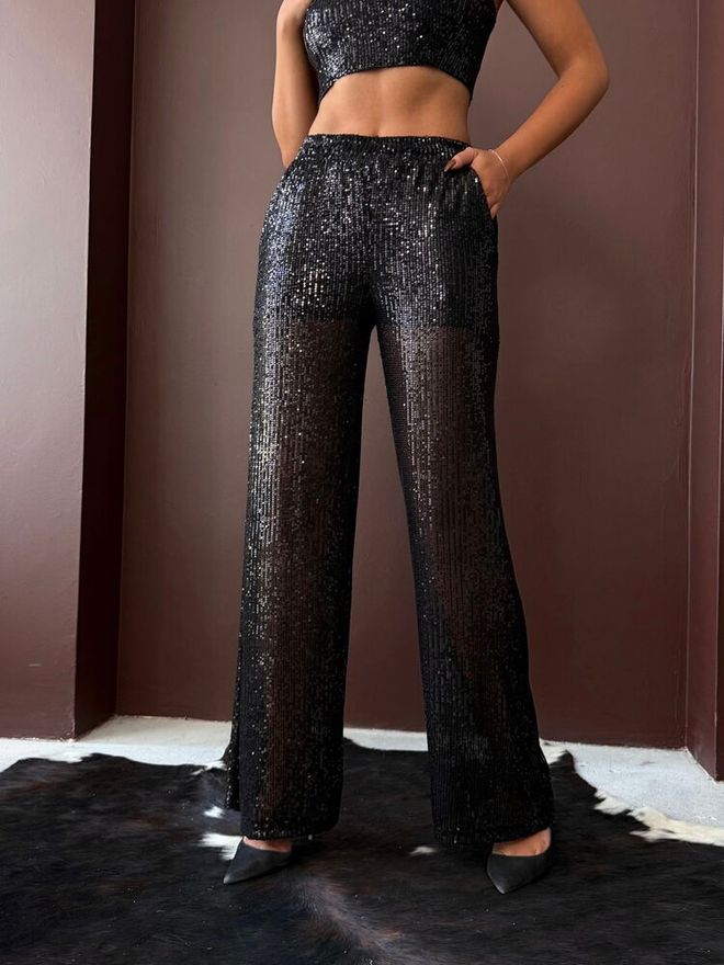 Topshow Μαύρο Παλαιτσό Παντελόνι Με Παγιέτες Glam Χονδρικό εμπόριο ενδυμάτων Κοκτέιλ