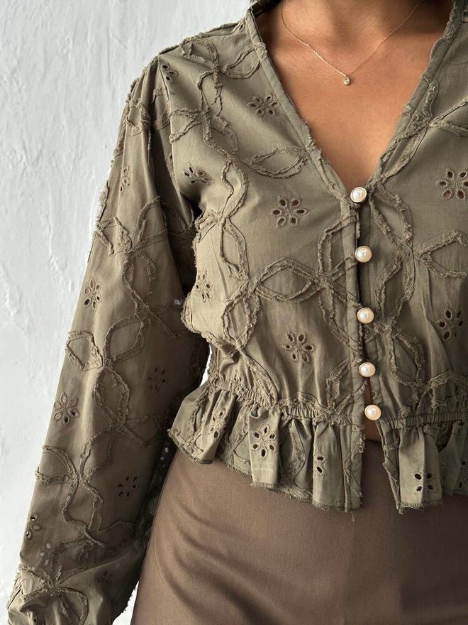 Topshow Haki Boho Vintage V Yaka Gömlek Toptan Giyim Bahar