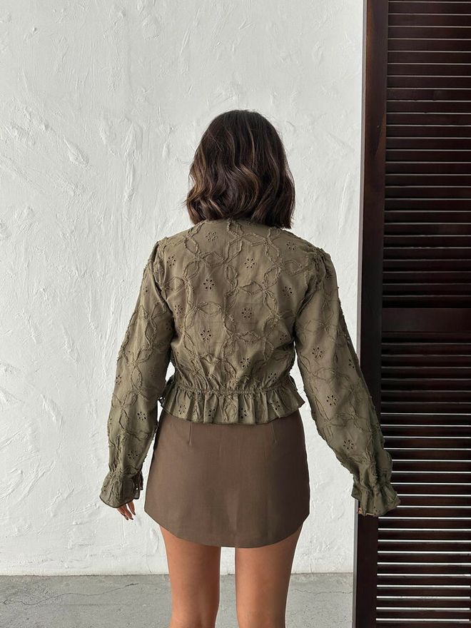 Topshow Haki Boho Vintage V Yaka Gömlek Toptan Giyim Boho