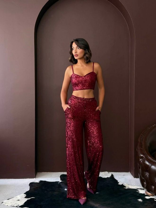 Topshow Pantaloni Roșu Bordo Glam Palazzo Îmbrăcăminte cu ridicata Crăciun