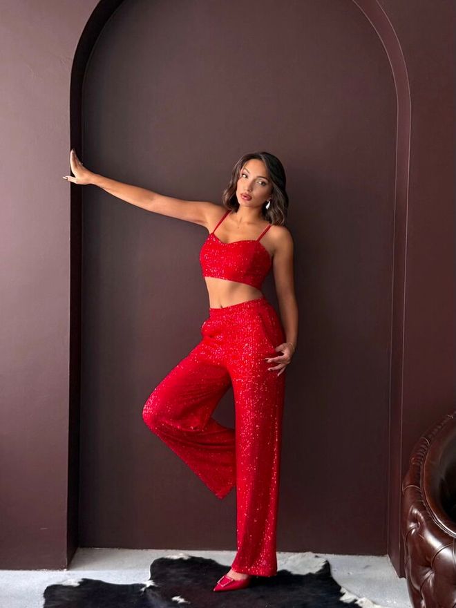 Topshow Ženske Pantalone Sa Širokim Nogama Sa Šljokicama Elegantna Večernja Kombinacija Crvena Велепродаја одеће 2
