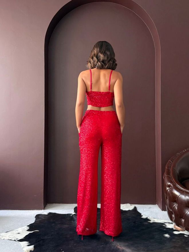 Topshow Ženske Pantalone Sa Širokim Nogama Sa Šljokicama Elegantna Večernja Kombinacija Crvena Велепродаја одеће 4