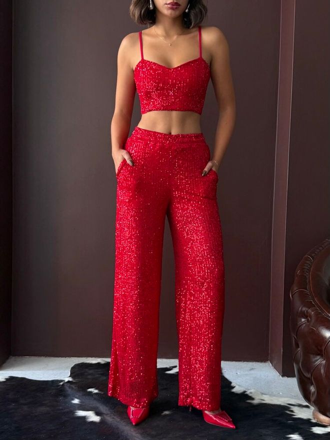 Topshow Ženske Pantalone Sa Širokim Nogama Sa Šljokicama Elegantna Večernja Kombinacija Crvena Велепродаја одеће 3